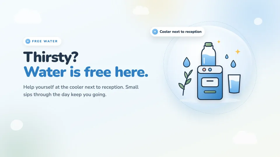 A poster: Thirsty? Water is free here, with a drawn water glass